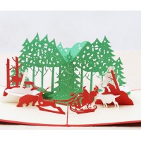 Handmade 3d Pop Up Greeting Card Christmas Xmas Eve Silent Night Santa Claus Sled Gift Reindeer Snowman Evergreen Conifer Tree Polar Bear Papercraft Gift